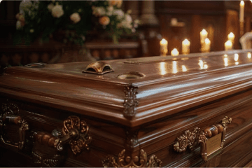 Polished wooden coffin with brass handles beside lit candles