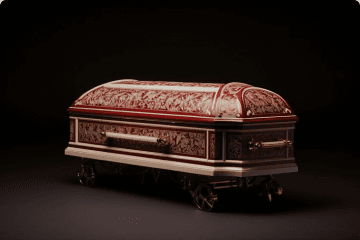 Ornate red and cream dome casket on a dark background