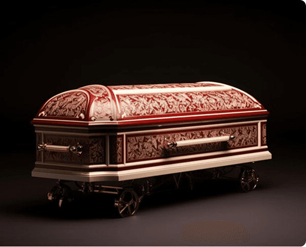 Ornate red and cream premium dome casket on a dark background